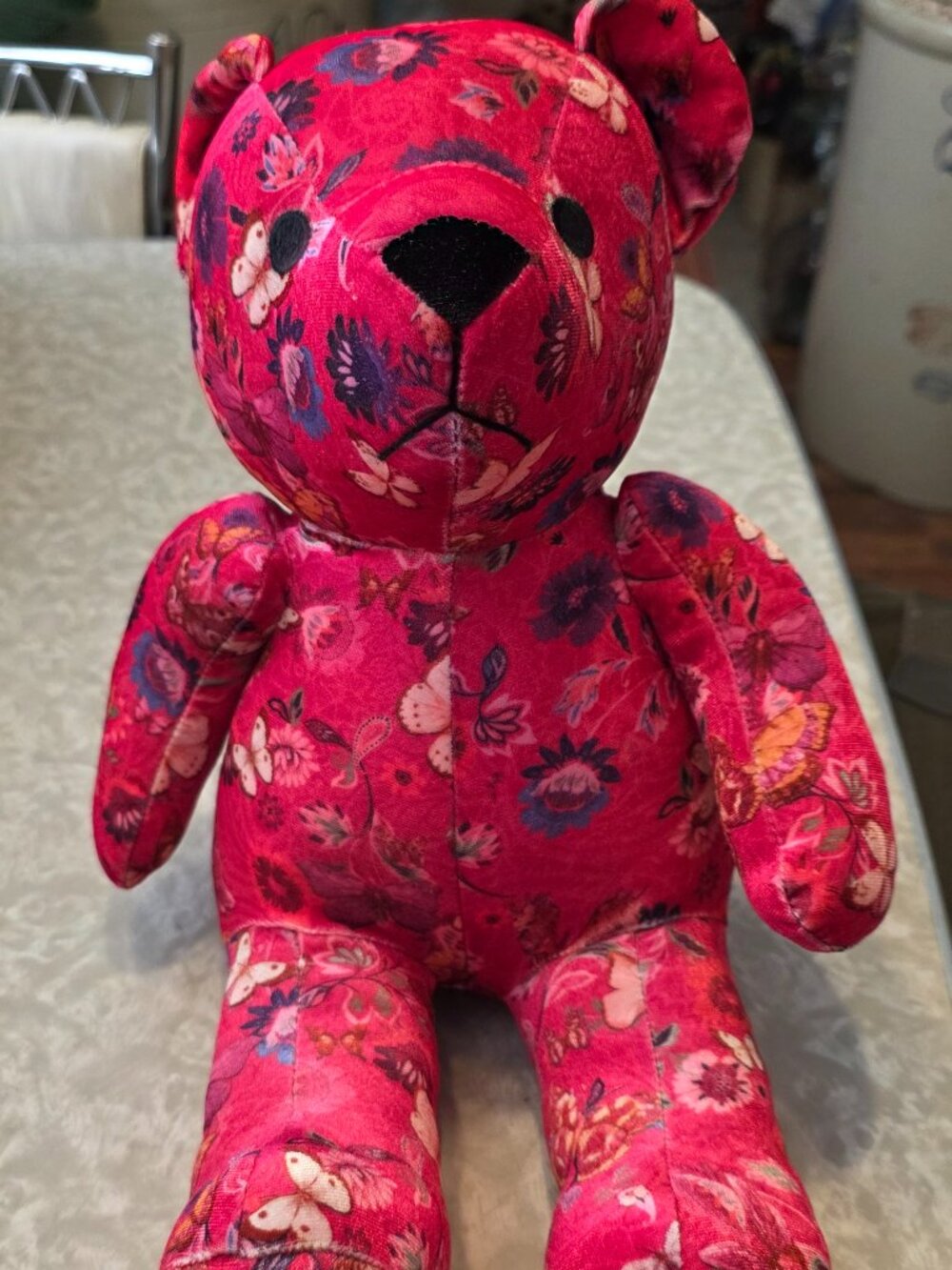 Johnny Was Breast Cancer Awareness Teddy Bear Pink Velvet Butterfly Print NEW